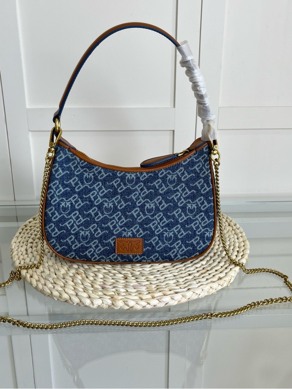 Pinko Blue Denim Logo Shoulder Bag with Brown Trim - Picture 9 of 9